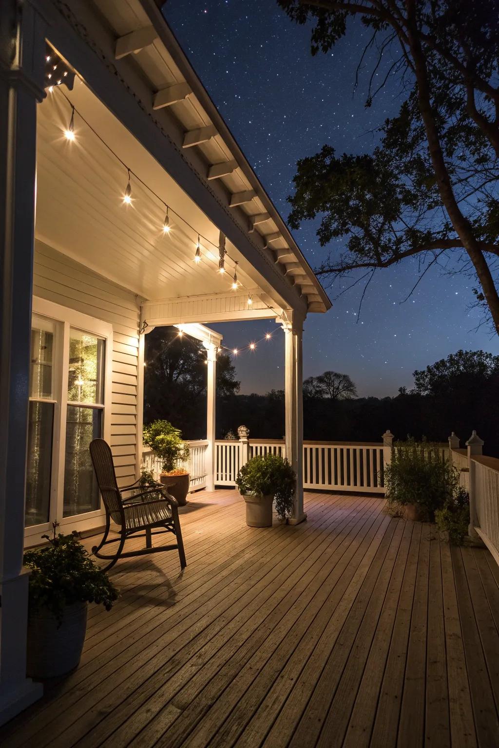 Rail lights add subtle elegance to the edges of this porch.