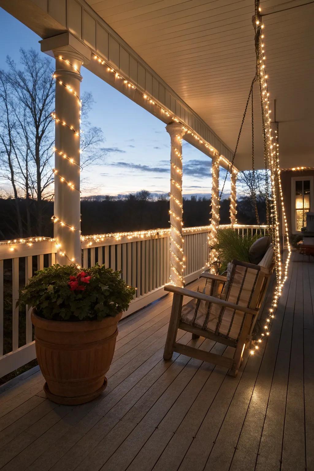 Rope lights provide enchanting illumination on this porch.