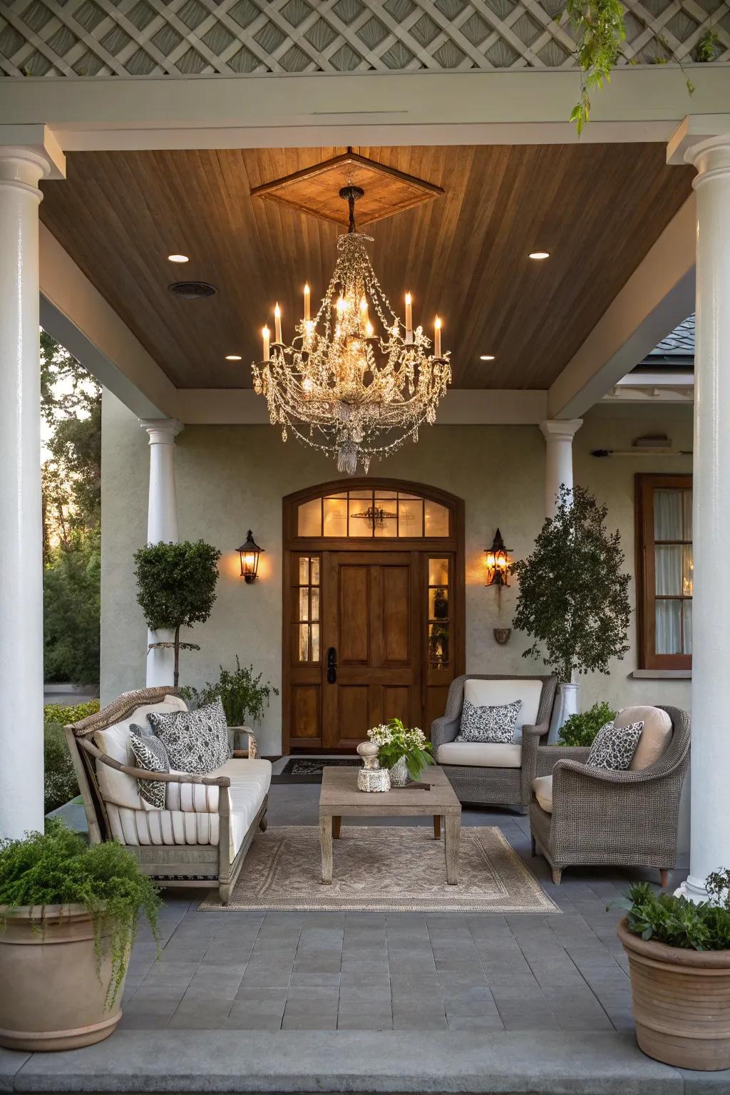 A chandelier adds an elegant touch to this covered porch.