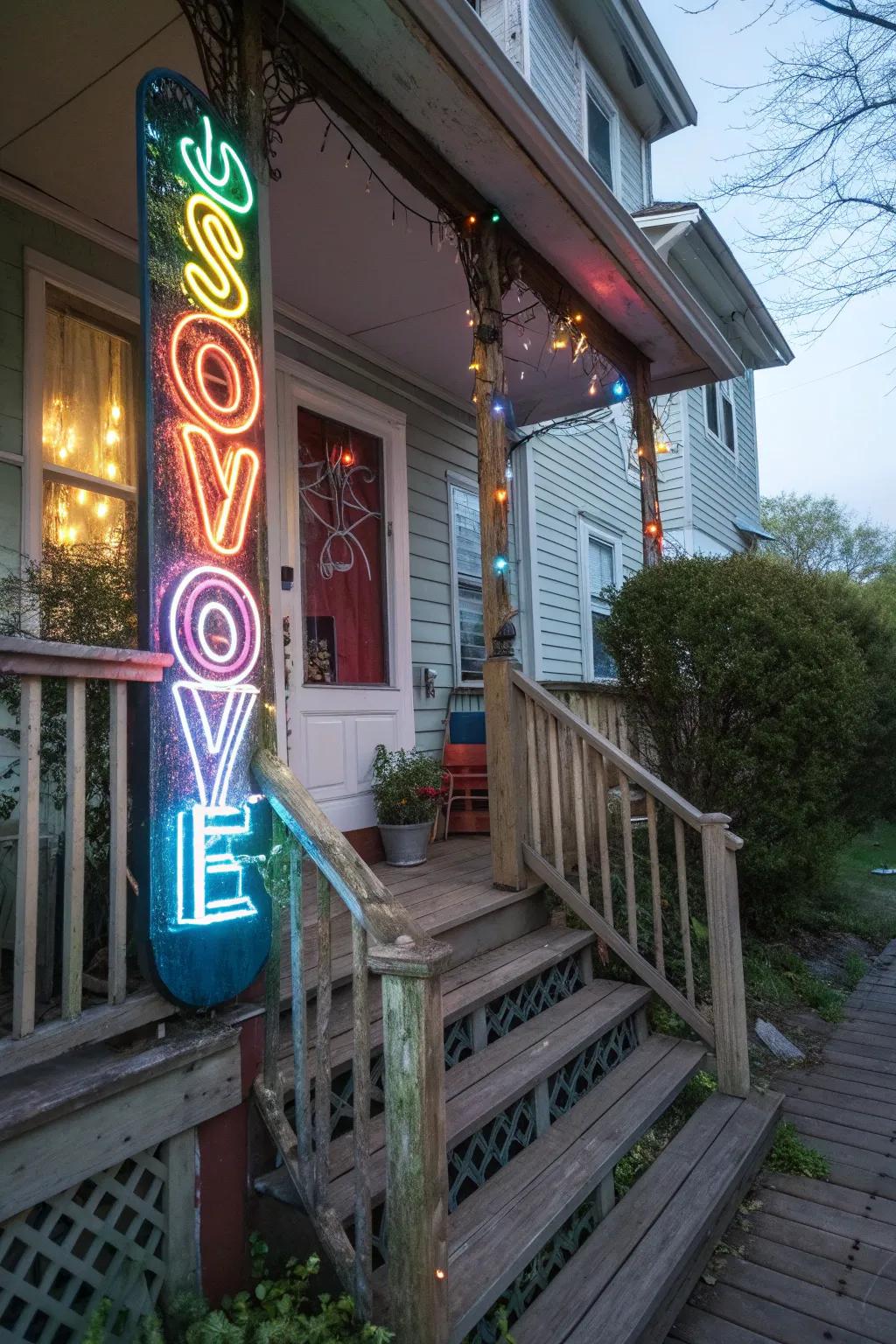 A neon sign brings a playful and modern twist to this porch.