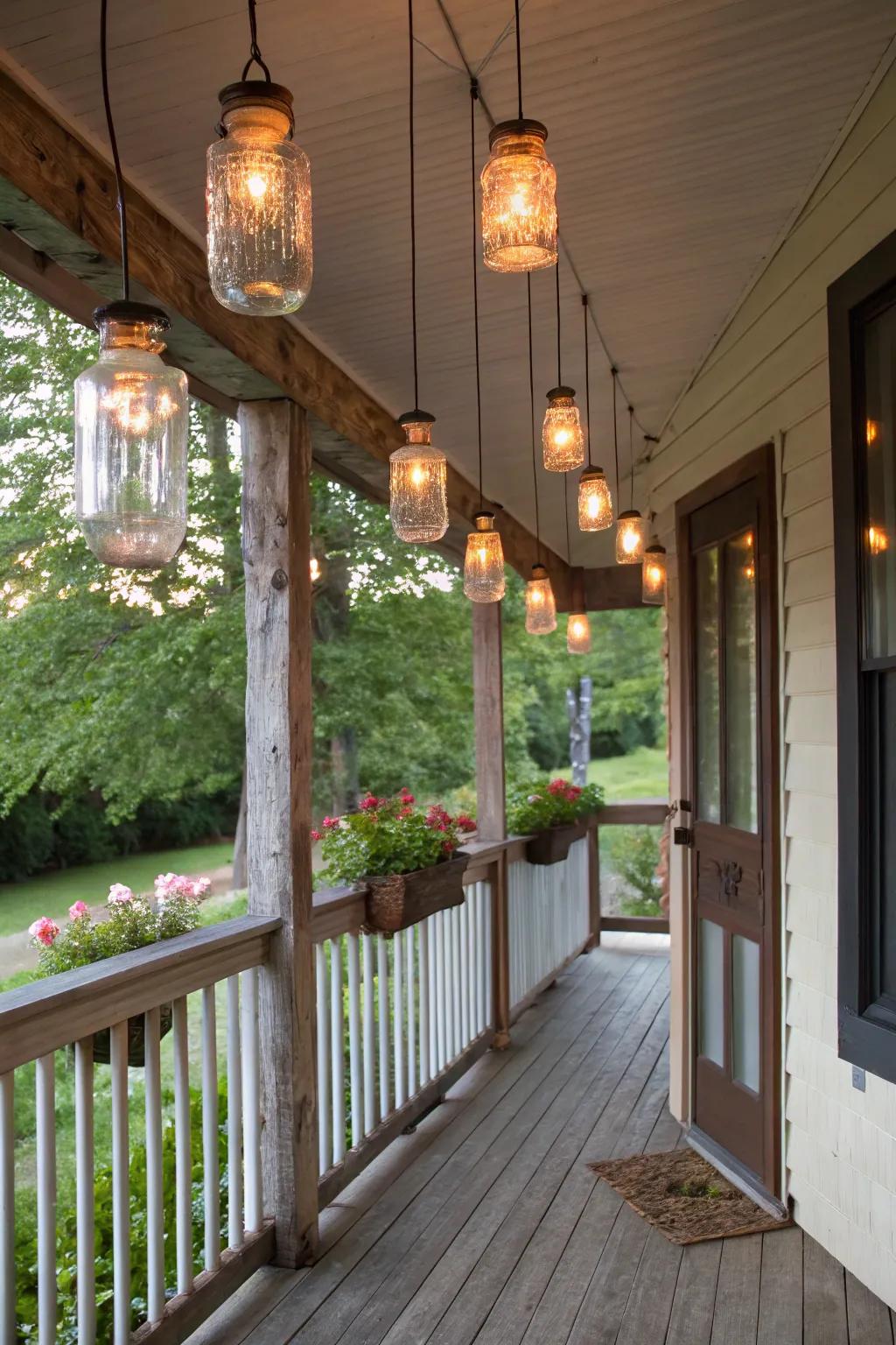 DIY mason jar lights add a rustic, personal touch to this porch.