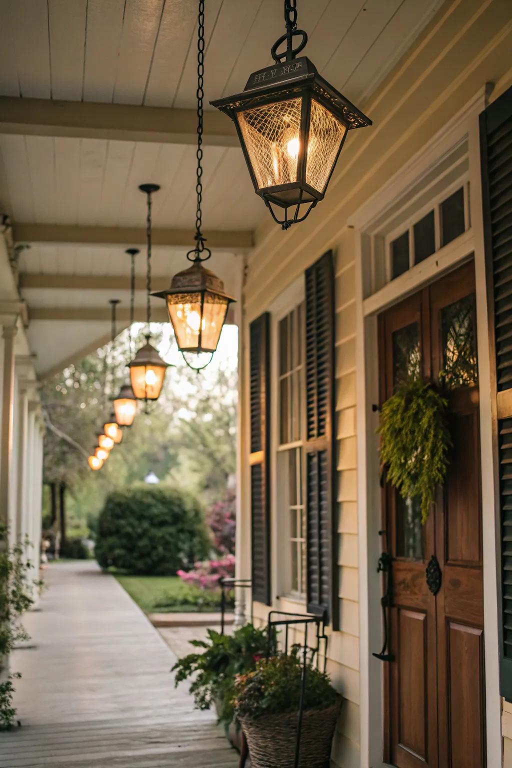 Vintage hanging lanterns add charm and warmth to this porch.