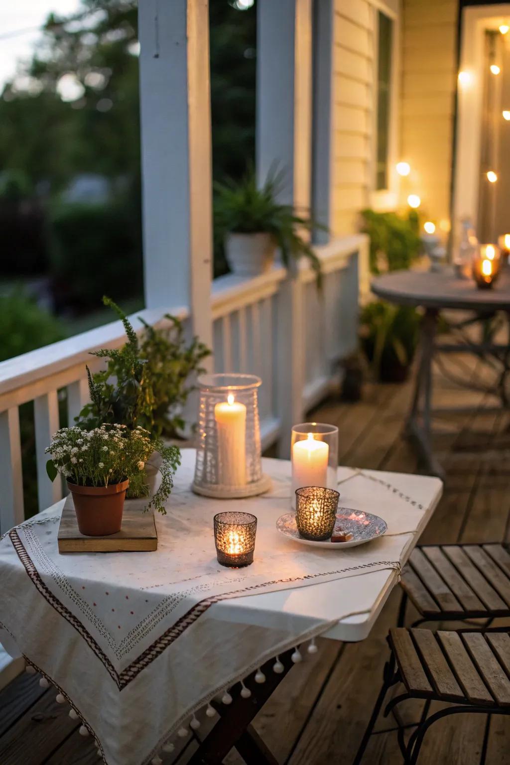 Tabletop lighting sets a warm, intimate mood on this porch.