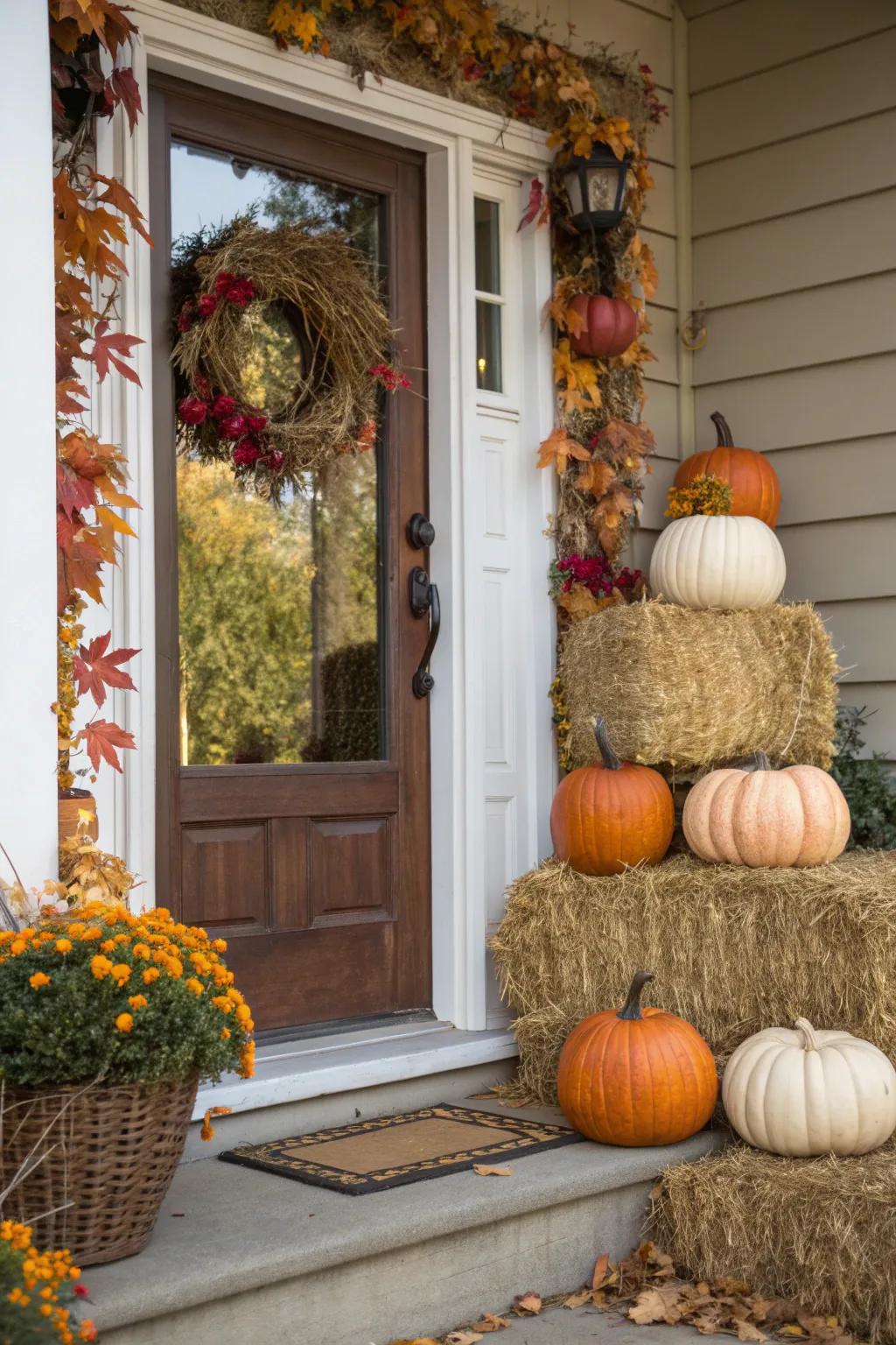 Hay Bale Display: Embrace the rustic charm of fall with this classic setup.