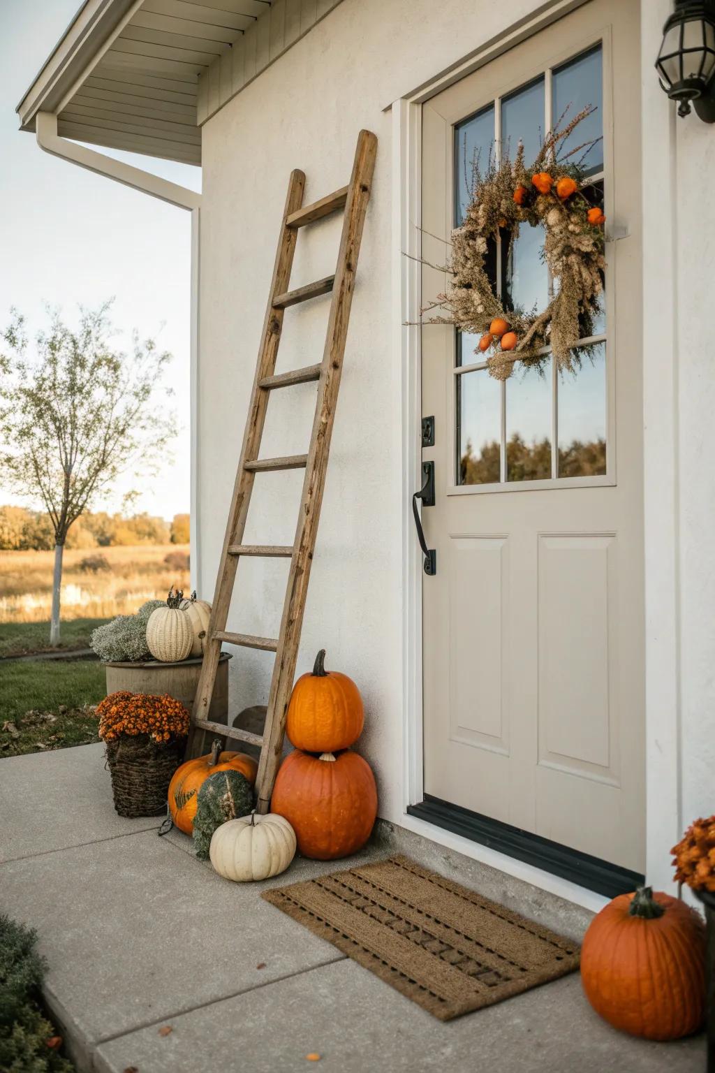 Rustic Ladder Decor: Elevate your door display with vertical charm.