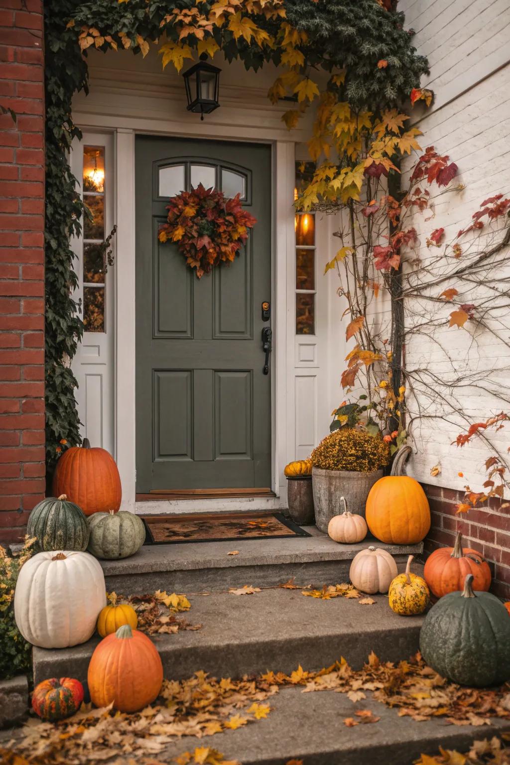 Pumpkin Patch Extravaganza: Create a warm welcome with a variety of pumpkins.