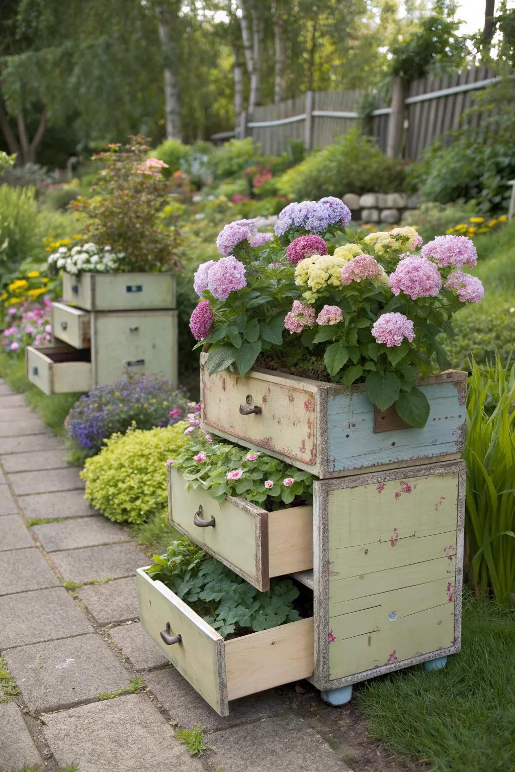Upcycled containers offer a unique and personal touch for hydrangeas.