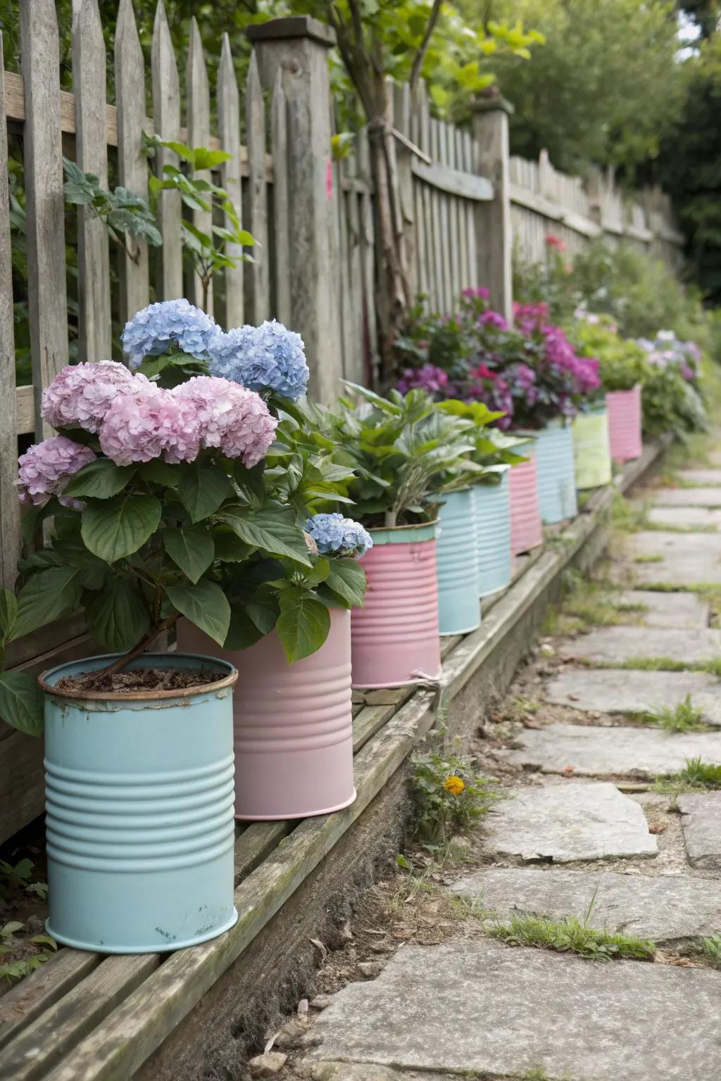 Recycled tins as planters add vintage charm to hydrangea displays.