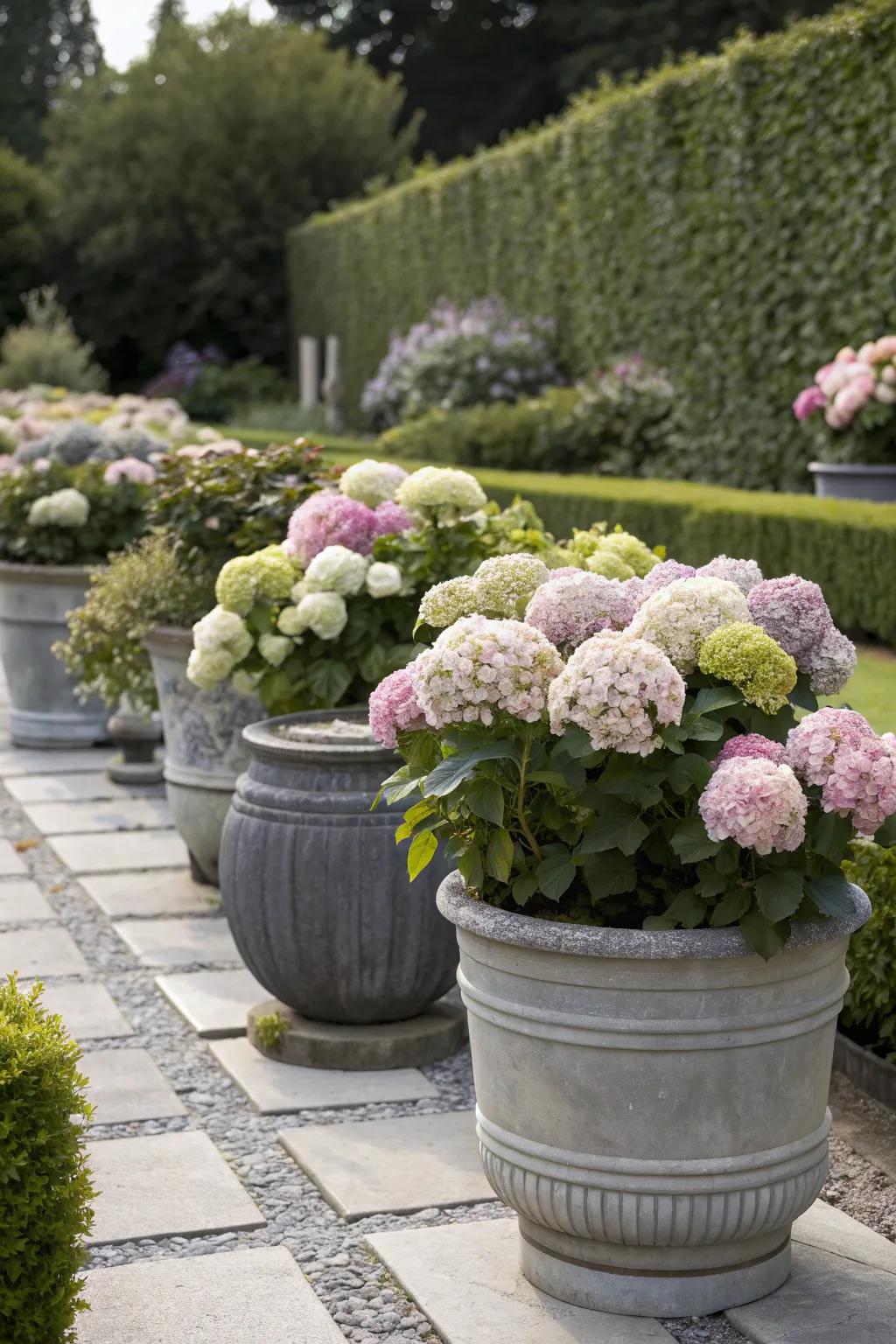 Monochrome pots bring a sophisticated touch to hydrangea arrangements.