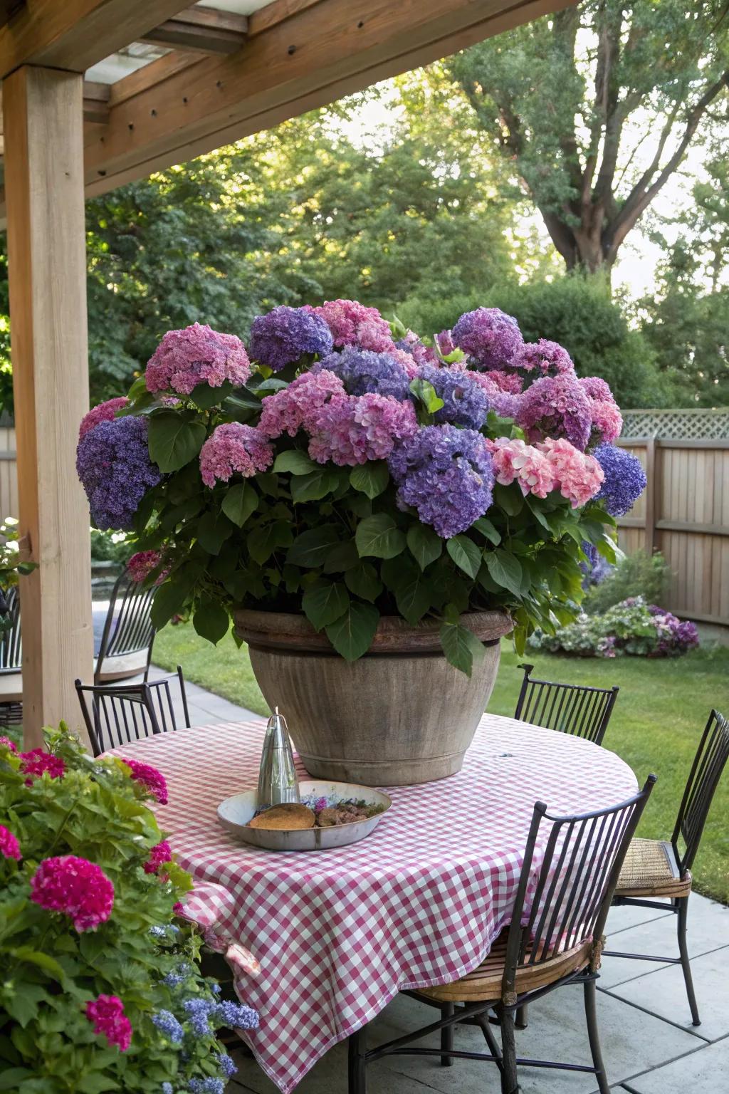 A hydrangea centerpiece adds elegance to any patio gathering.