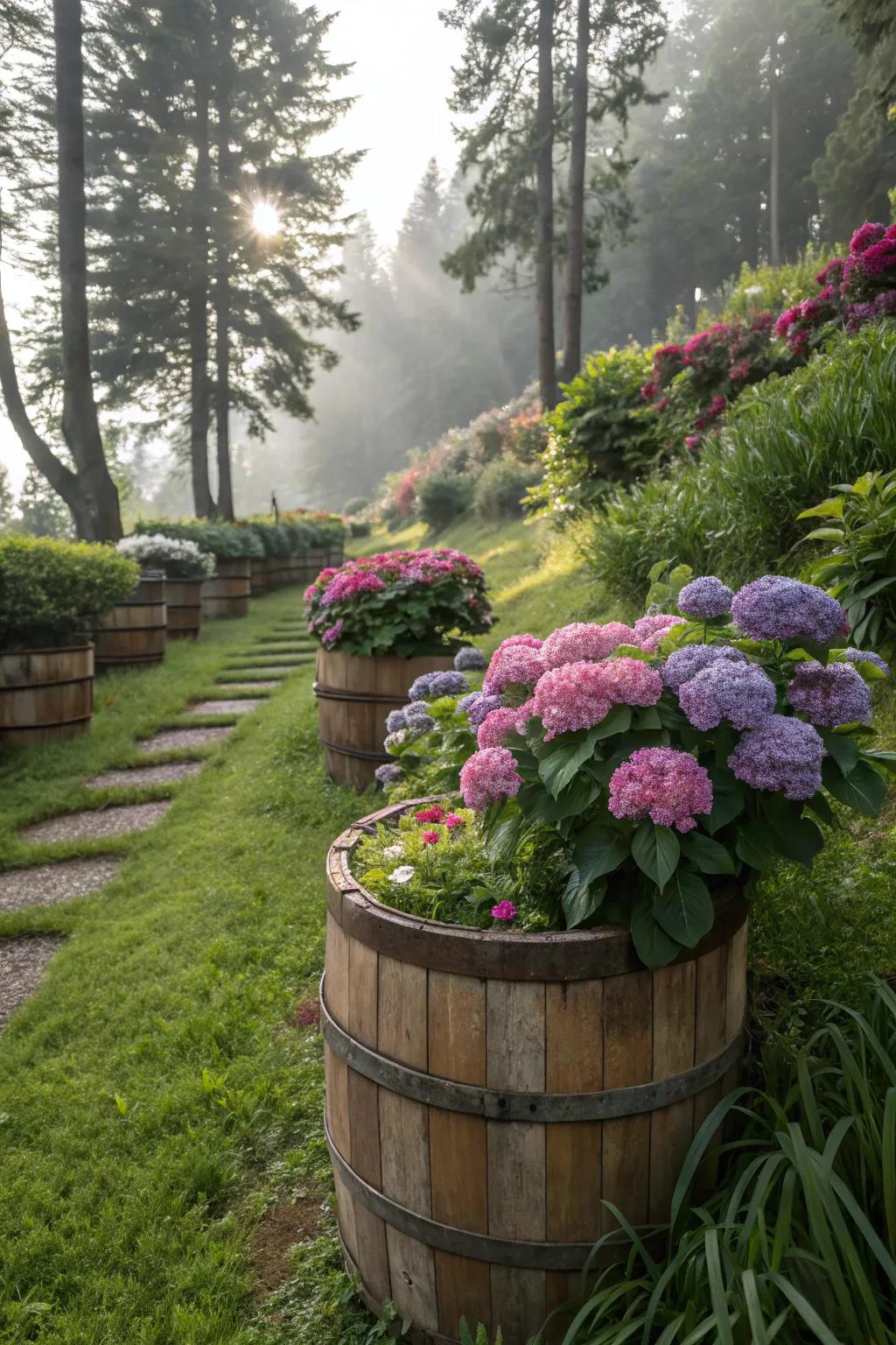 Wooden barrels provide a rustic home for hydrangeas in the garden.