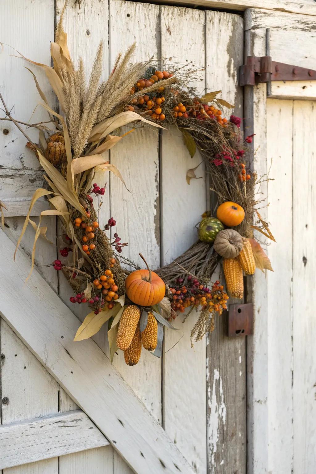 Embrace the harvest with corn husks and gourds on your wreath.