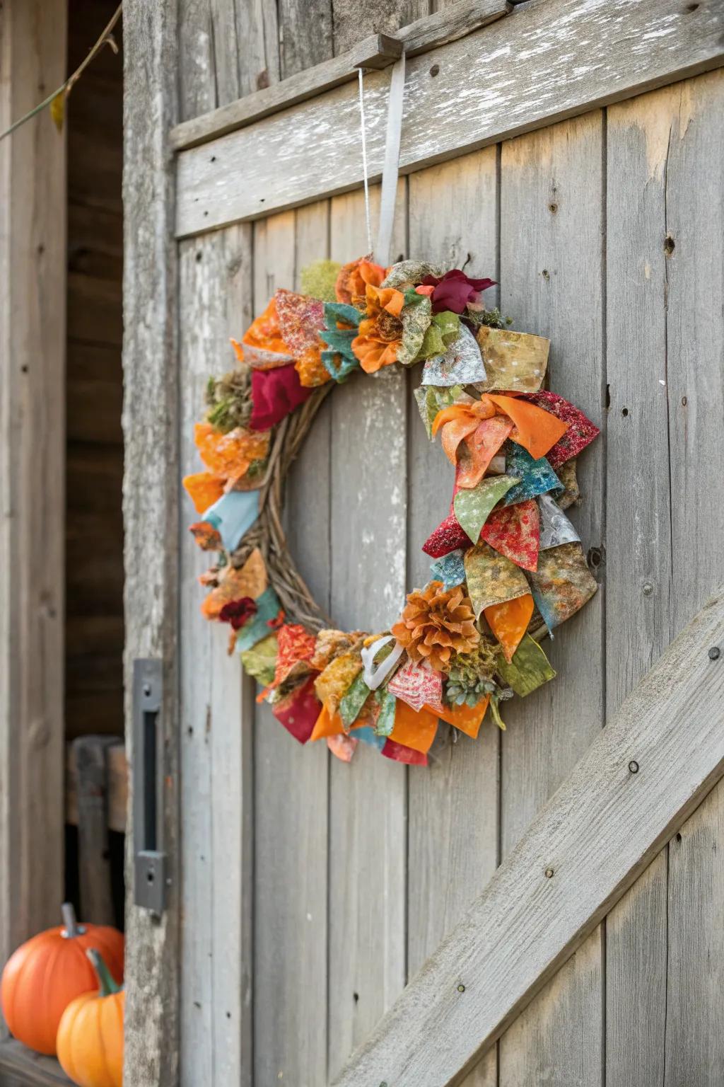 Repurpose fabric scraps for a vibrant and personal wreath design.