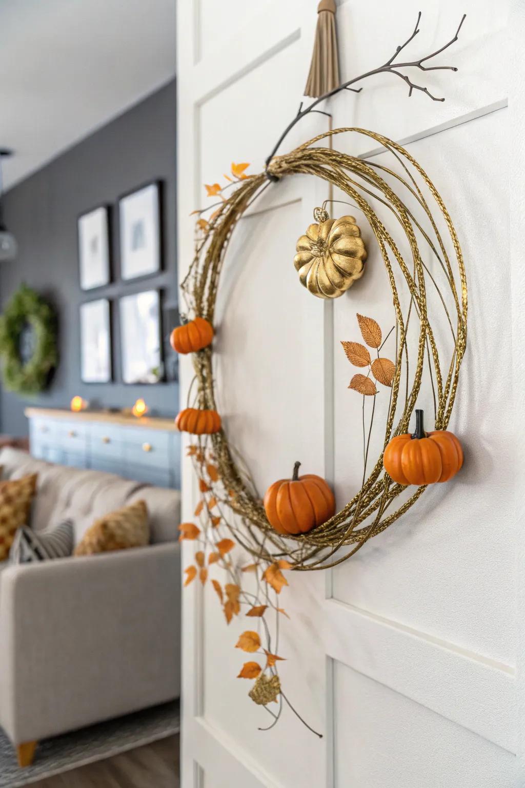 Metallic shine adds a luxurious touch to your pumpkin wreath.
