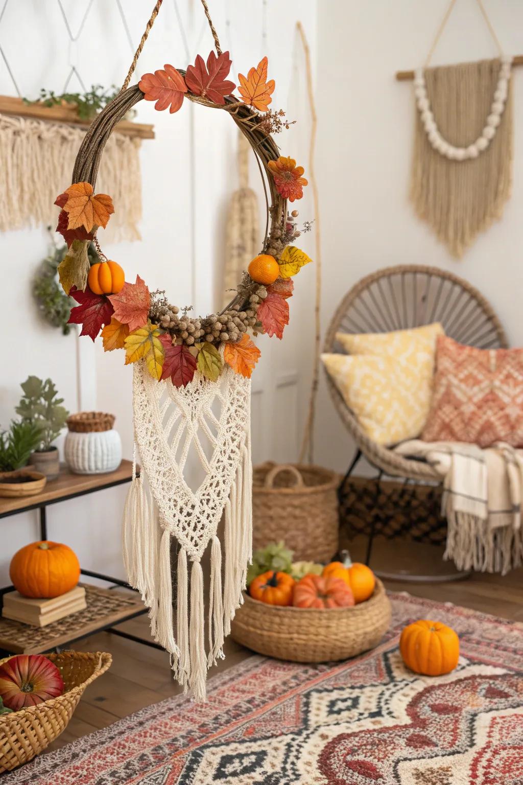 Macrame brings a boho flair to your pumpkin wreath.
