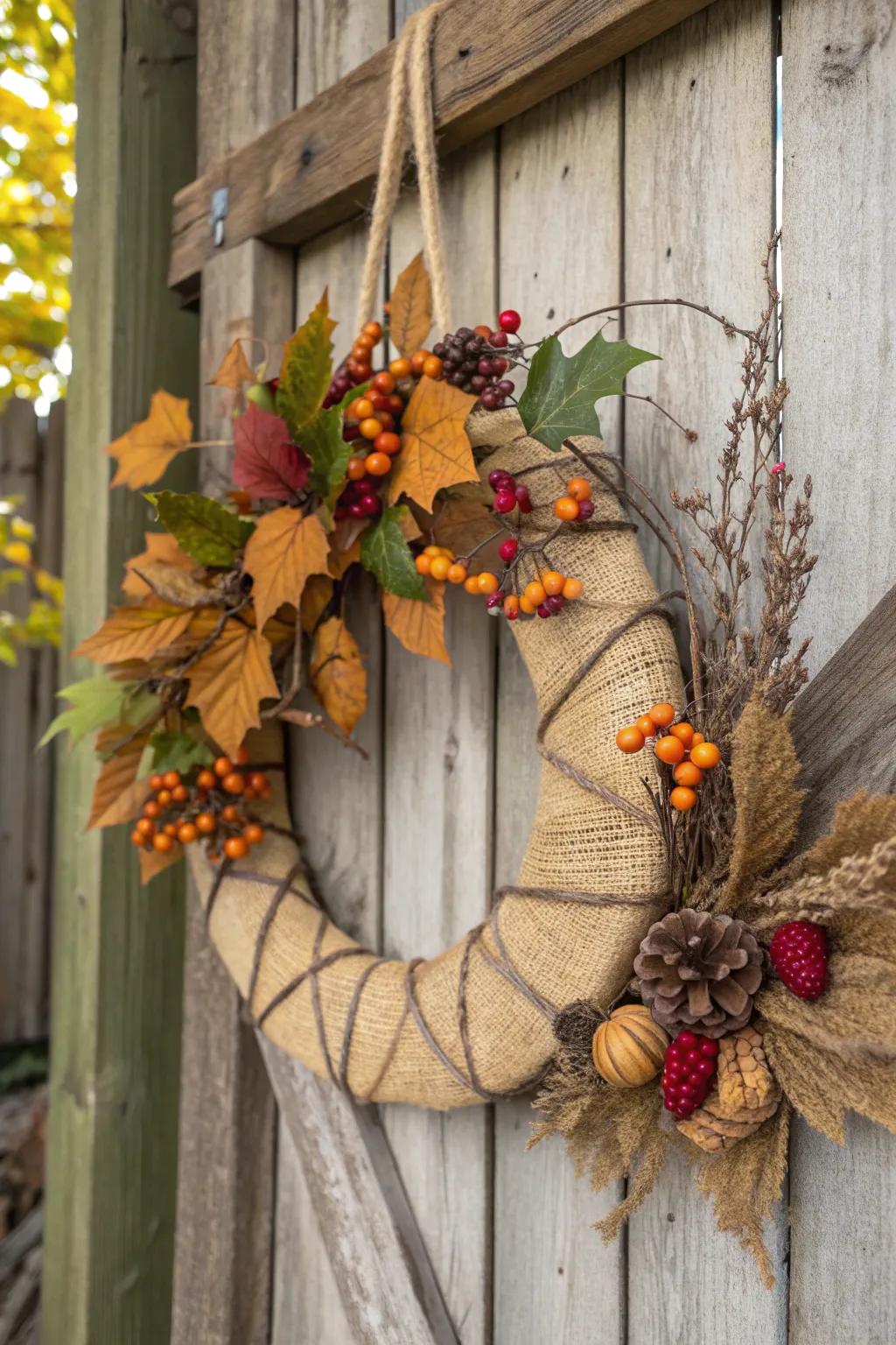 A rustic burlap pumpkin wreath adds a cozy touch to any space.