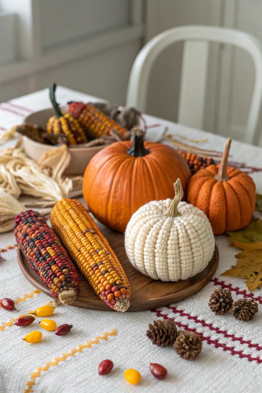A whimsical table setting with Indian corn and yarn pumpkins, perfect for fall.