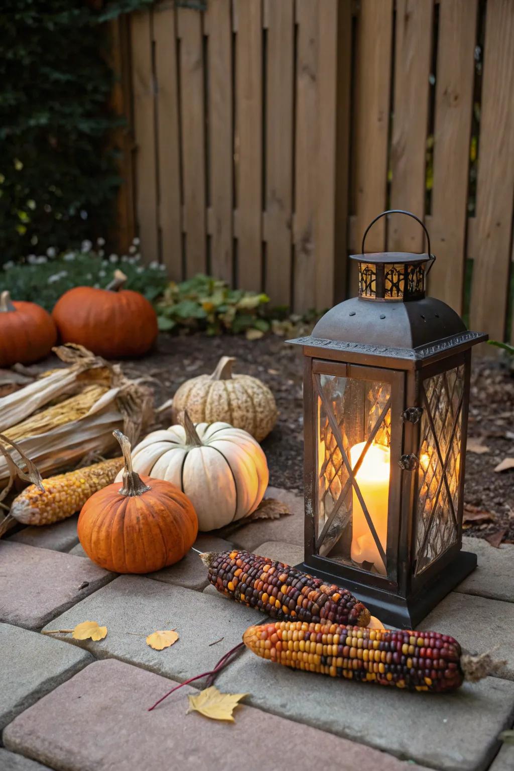 A cozy harvest lantern ensemble with Indian corn, perfect for outdoor gatherings.