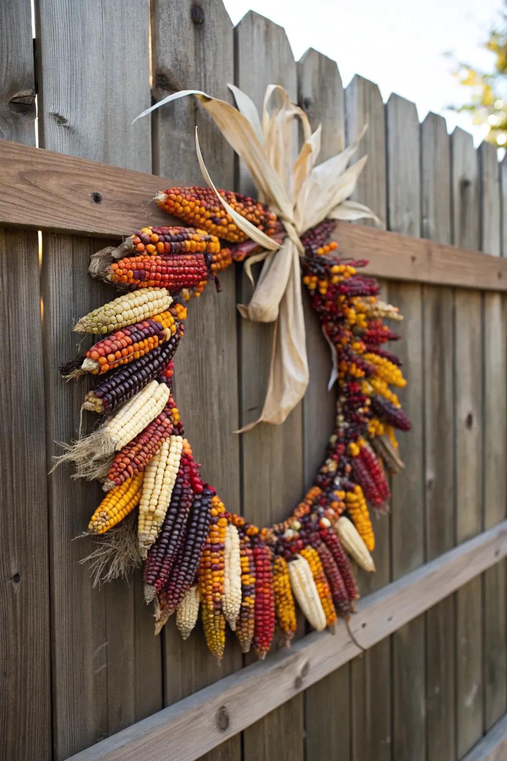 A vibrant wreath crafted from mini Indian corn ears, perfect for fall.