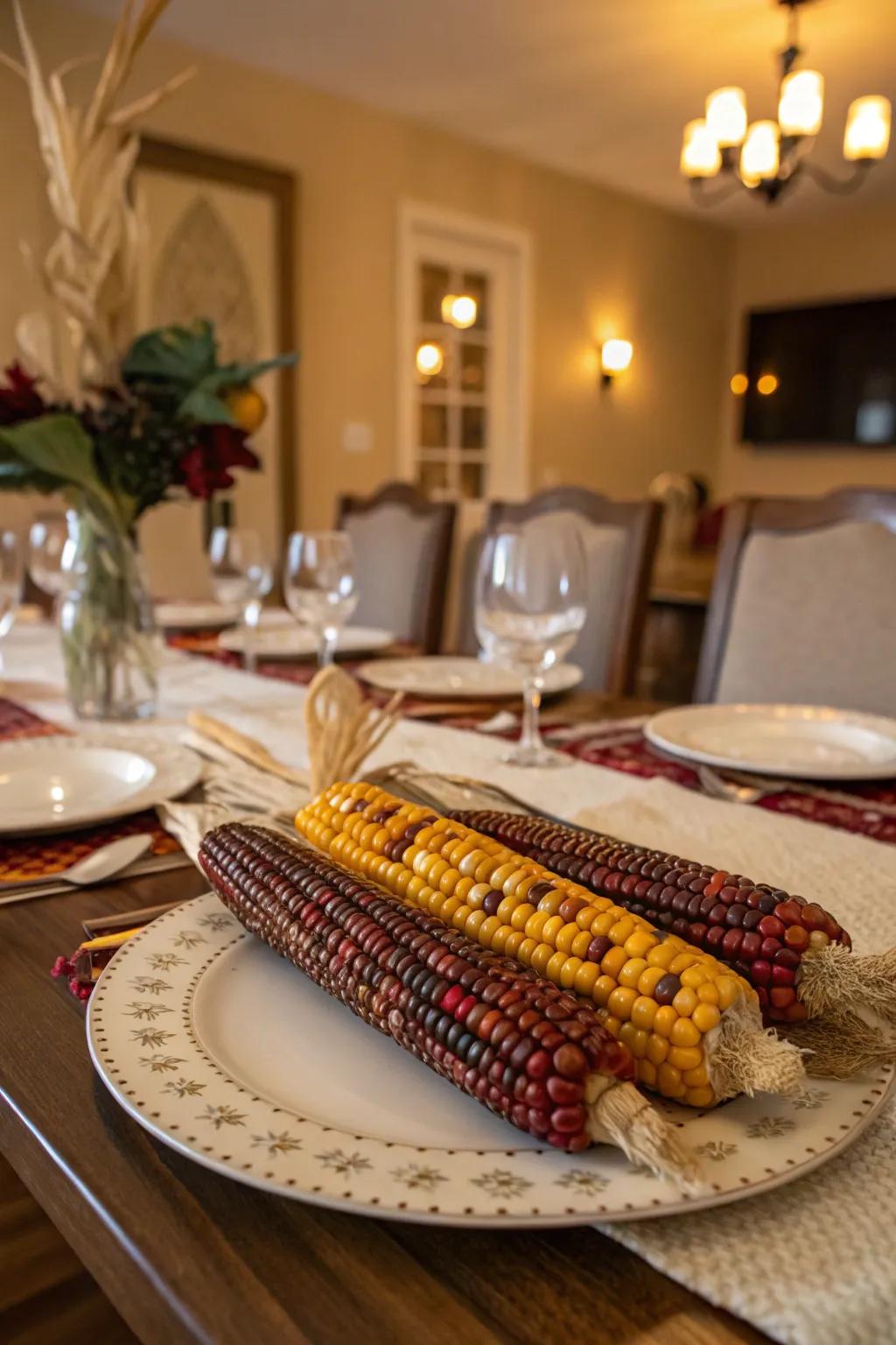 A dining table featuring Indian corn as a vibrant table runner.