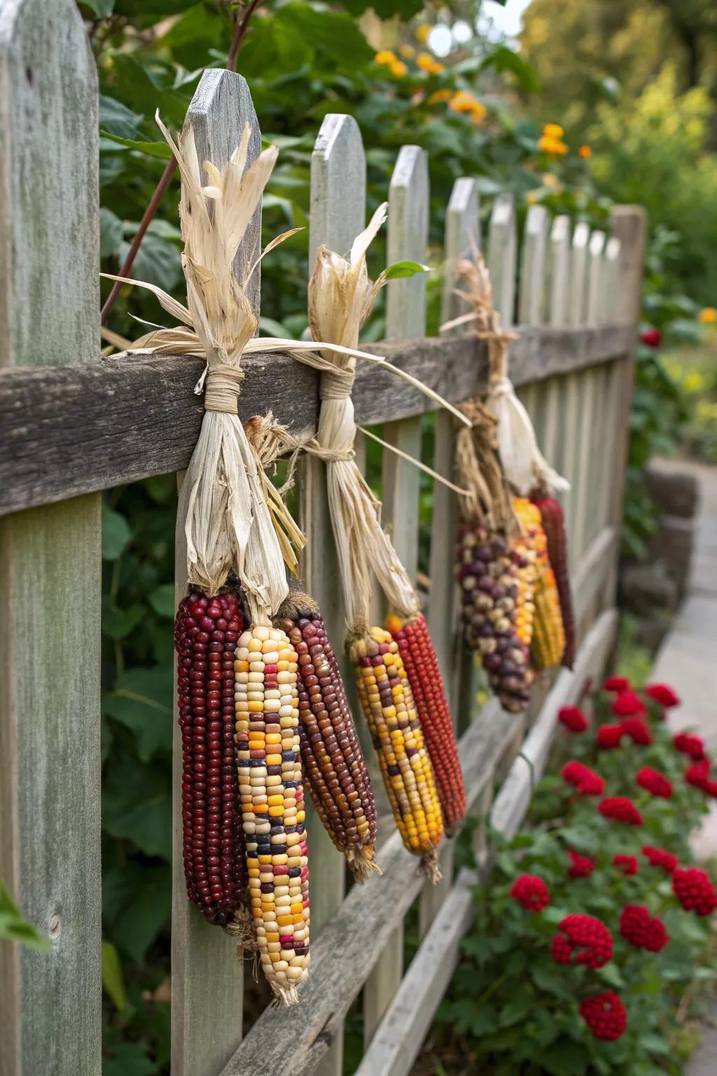 A garden fence adorned with Indian corn bundles, adding a festive touch.