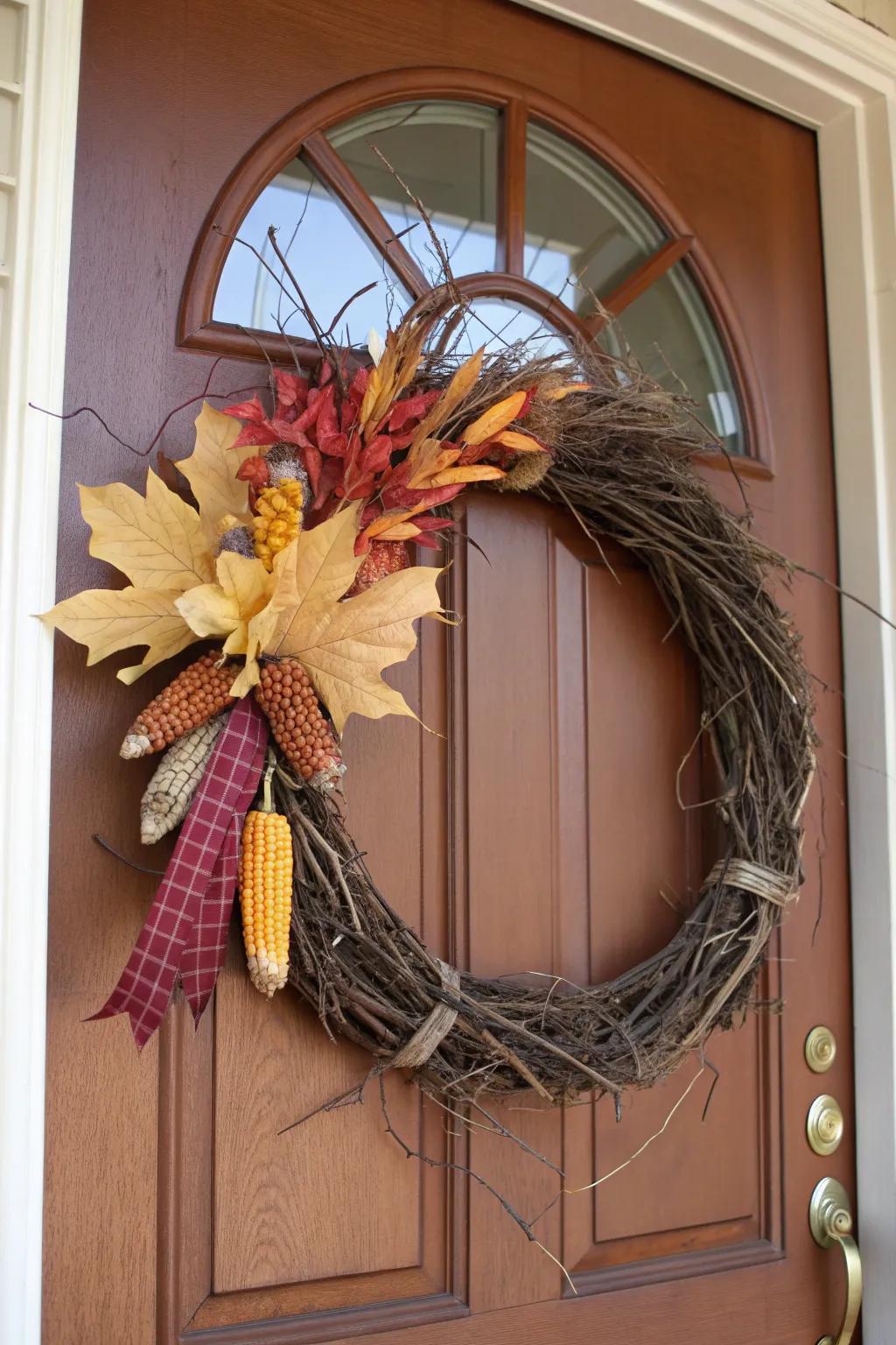 A twig wreath enhanced with Indian corn and silk leaves, perfect for doors.
