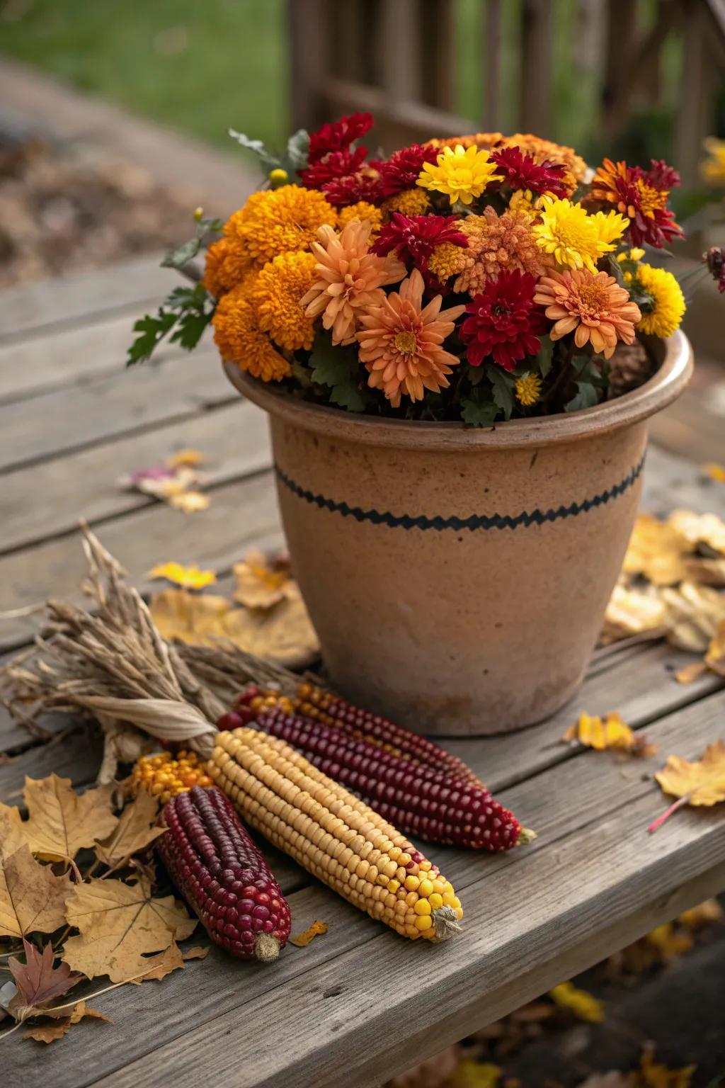 A terra-cotta pot covered with Indian corn, filled with vibrant autumn flowers.
