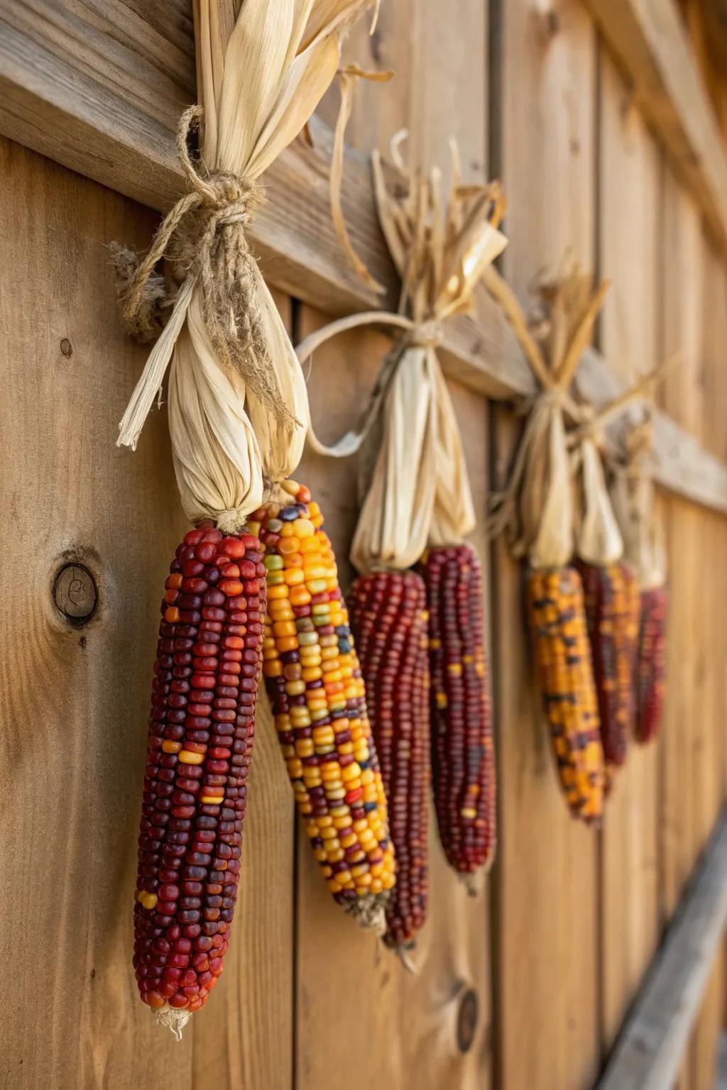 A stylish wall display with Indian corn tied with twine for a rustic touch.