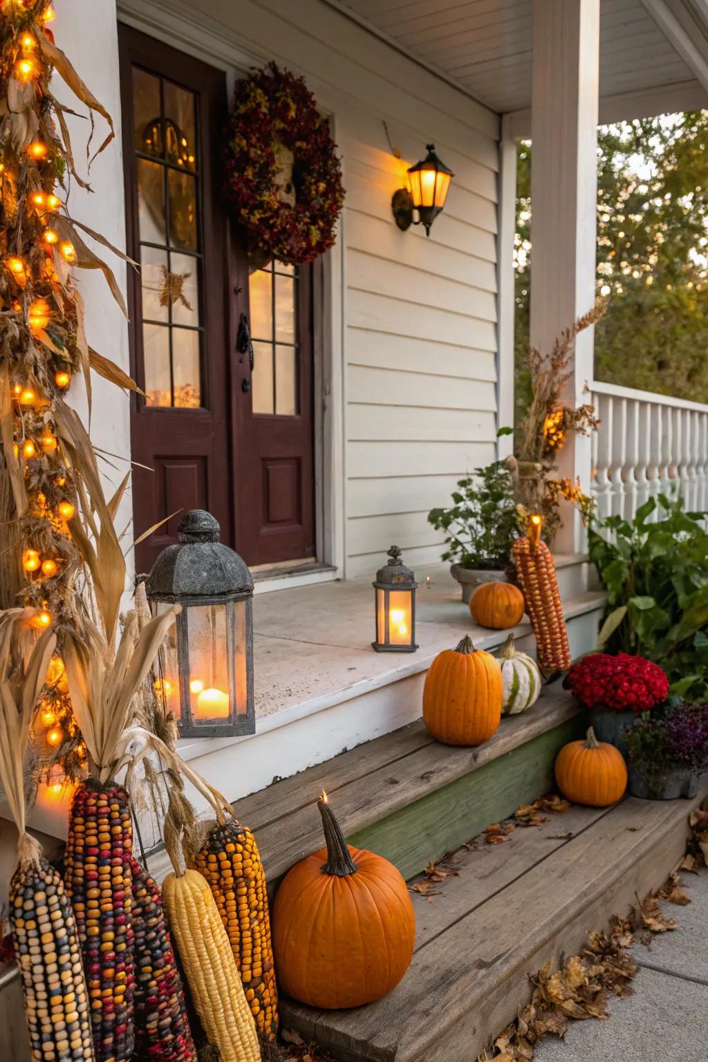 A porch decorated with Indian corn and pumpkins, creating a cozy fall vibe.