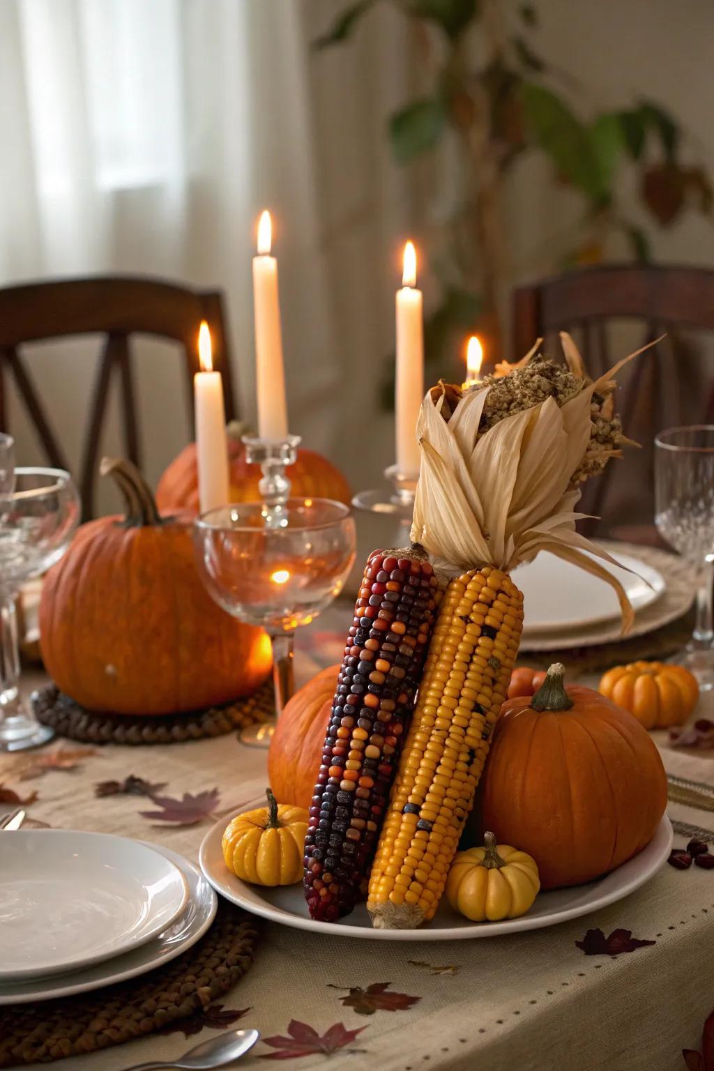 A dining table with an Indian corn centerpiece, candles, and pumpkins, exuding autumn warmth.