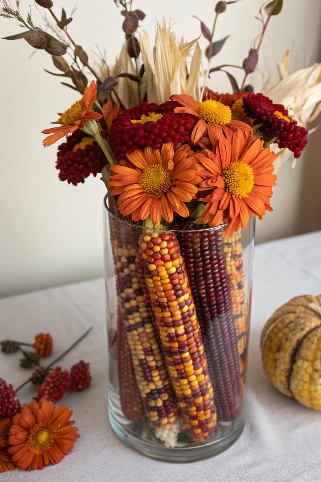 A clear vase filled with Indian corn kernels, enhancing a floral arrangement.