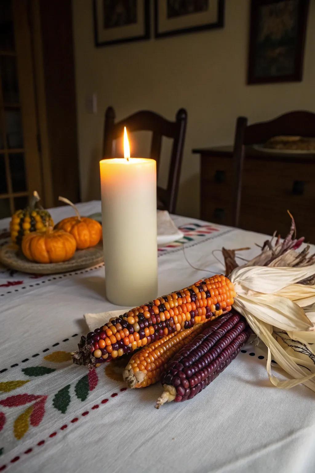 A pillar candle surrounded by Indian corn, perfect for creating a cozy ambiance.