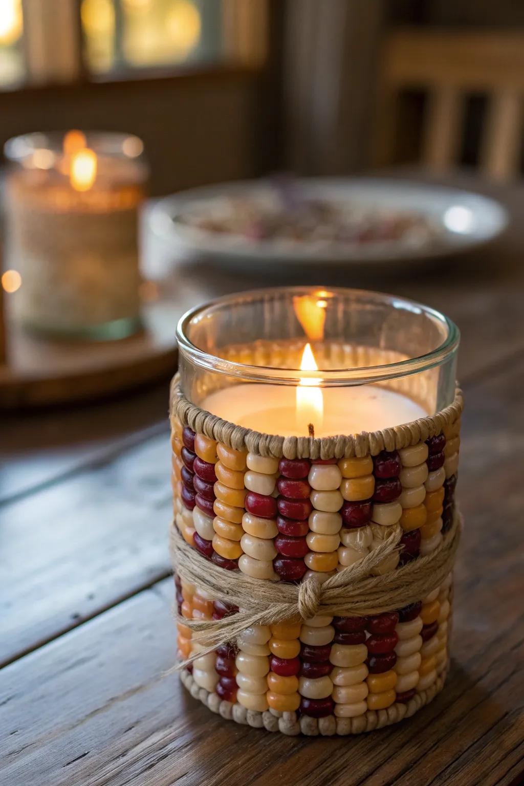 A glass candle holder wrapped with Indian corn, casting a warm autumn glow.