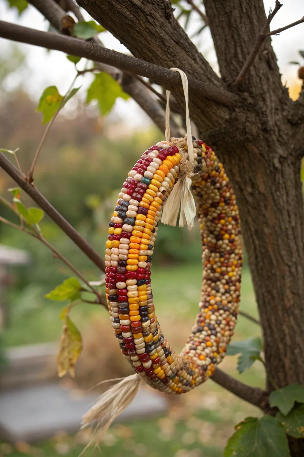 An Indian corn wreath repurposed as a bird feeder, attracting feathered friends.