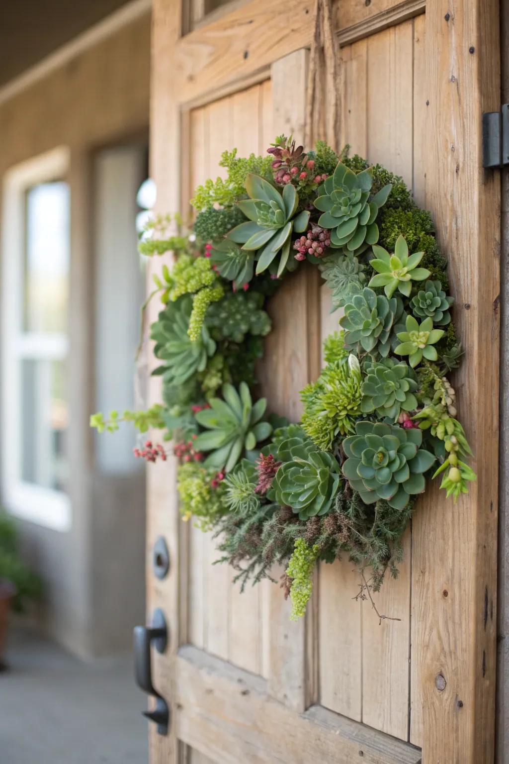 A succulent wreath offers a warm welcome at the door.