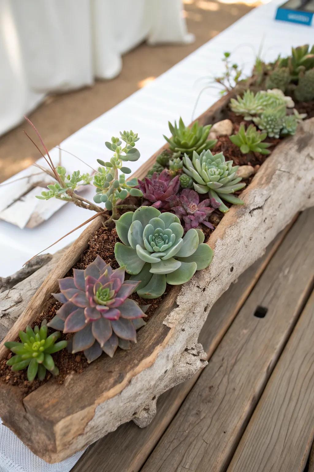 Driftwood and succulents create natural elegance.