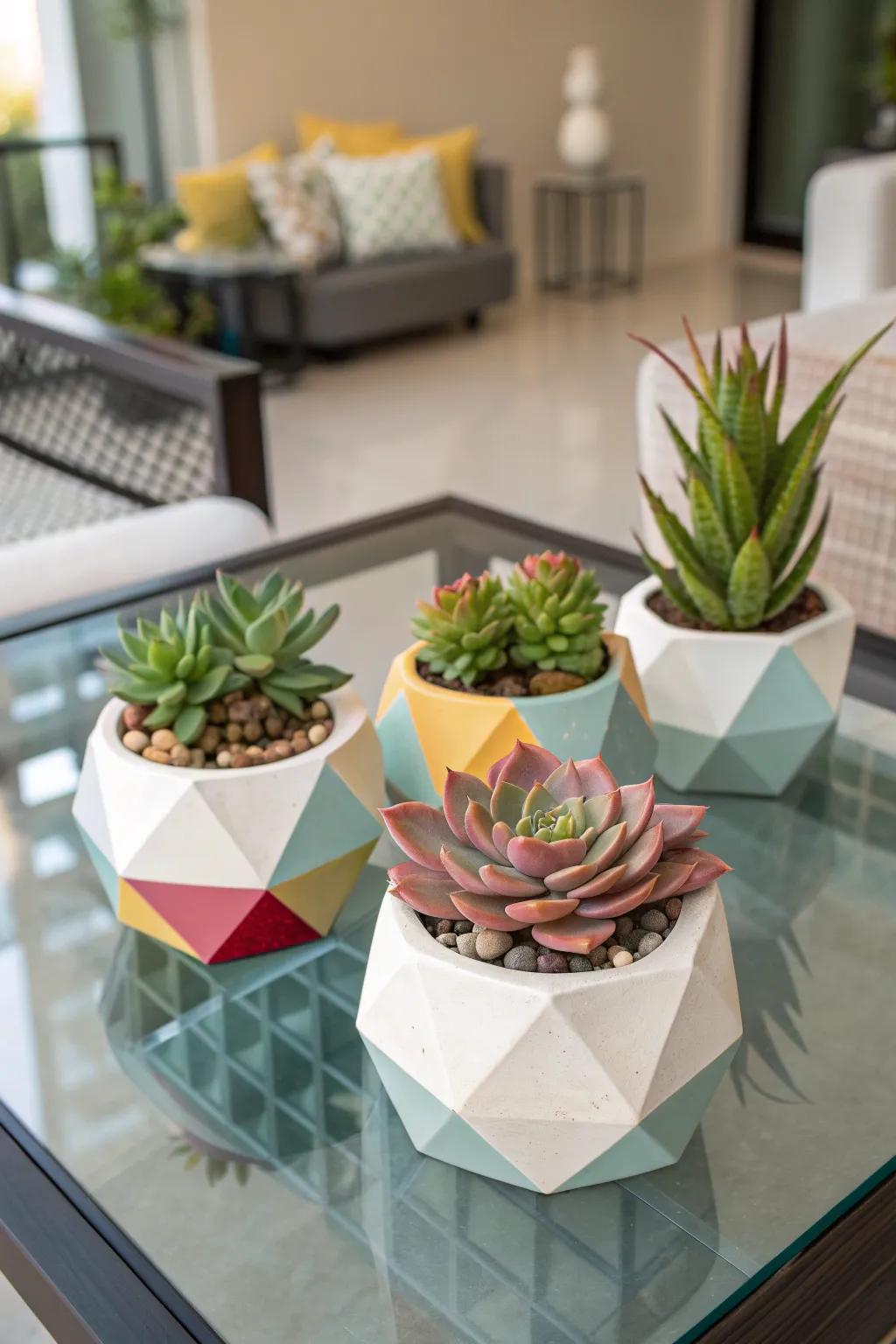 Geometric pots add a modern flair to succulent displays.