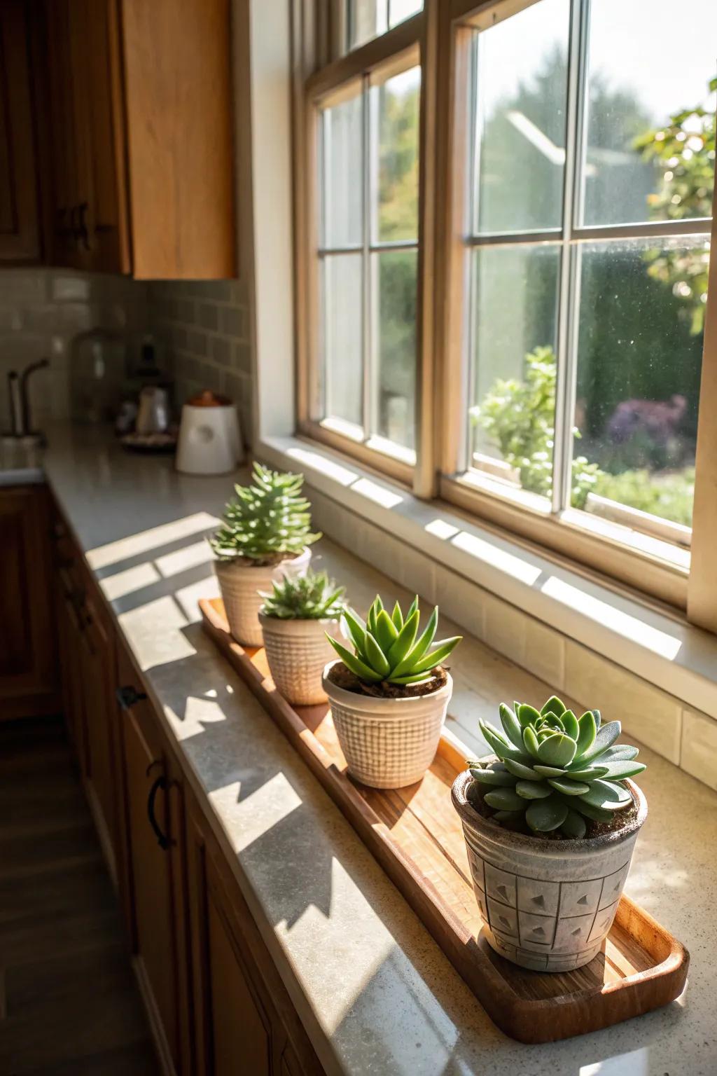 A windowsill adorned with succulents offers an indoor oasis.