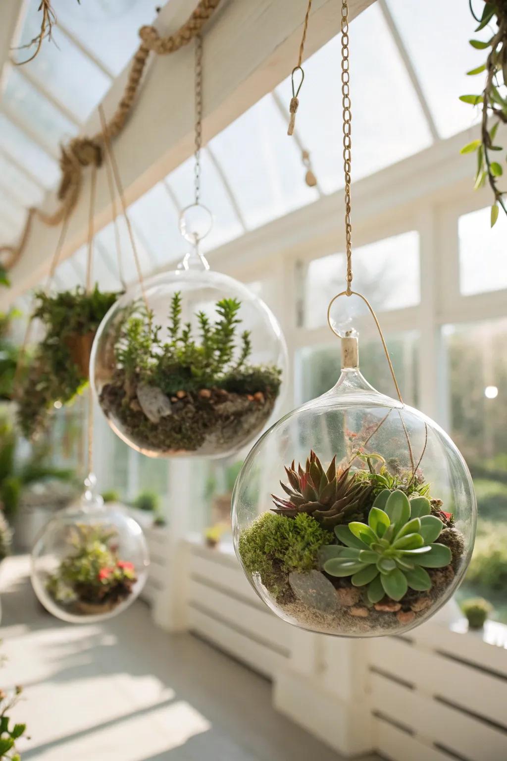 Glass orbs filled with succulents create a delicate display.