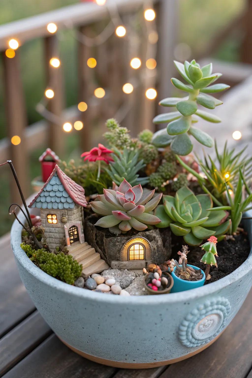Themed decorations add whimsy to succulent arrangements.