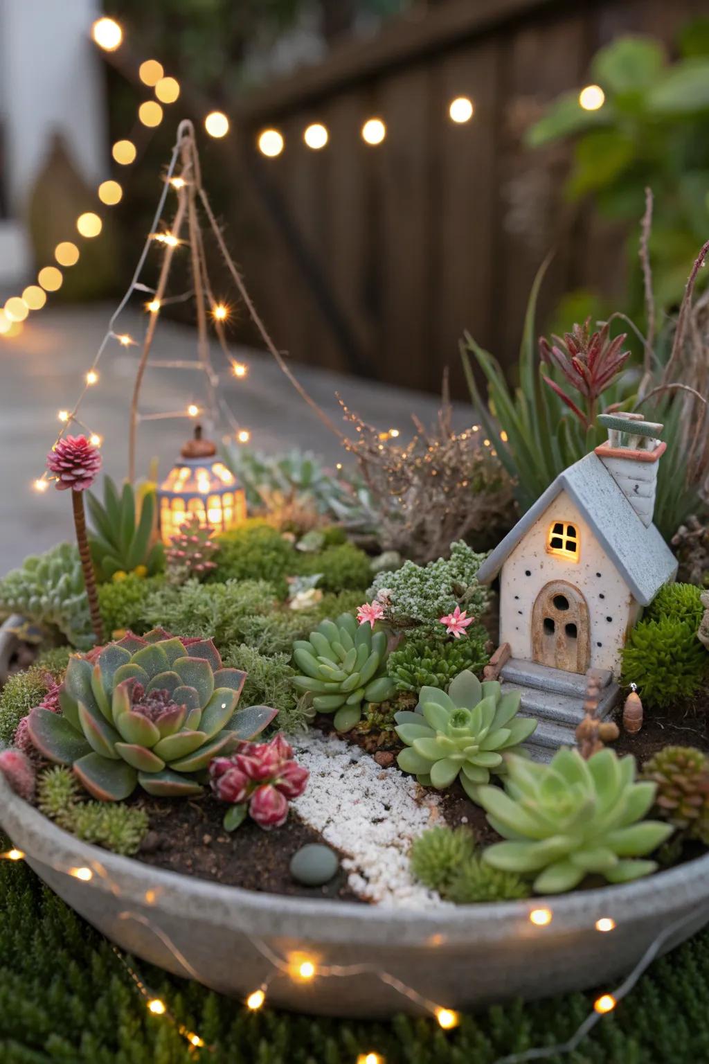 A succulent fairy garden adds a touch of magic to any space.