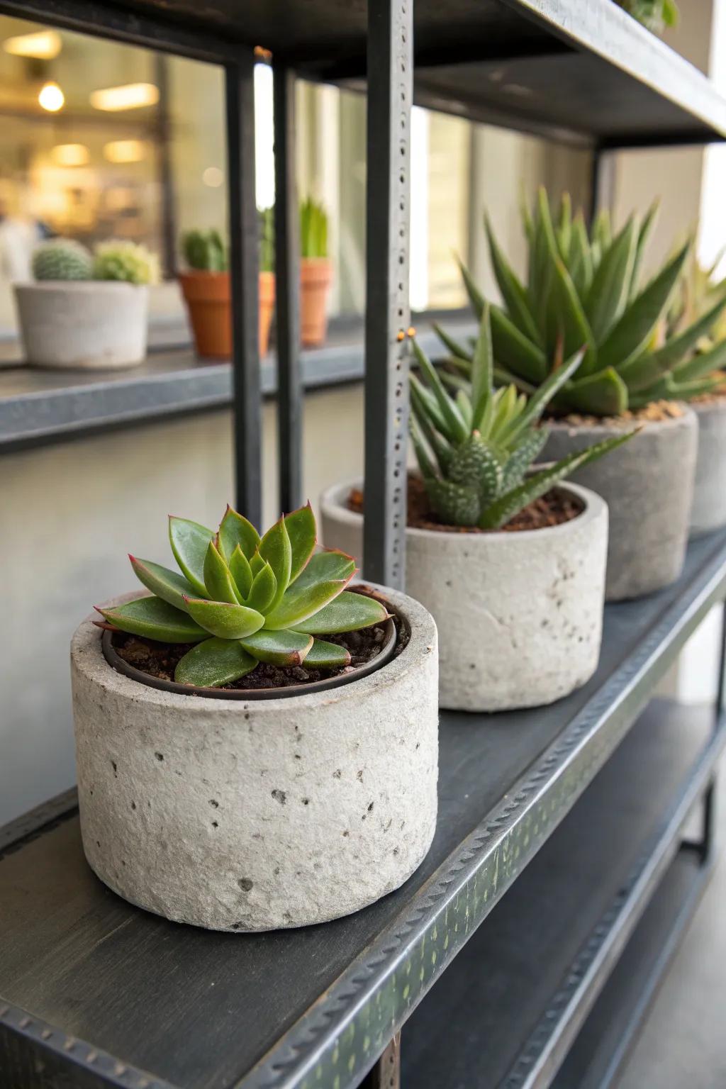 Concrete planters provide an industrial chic look.