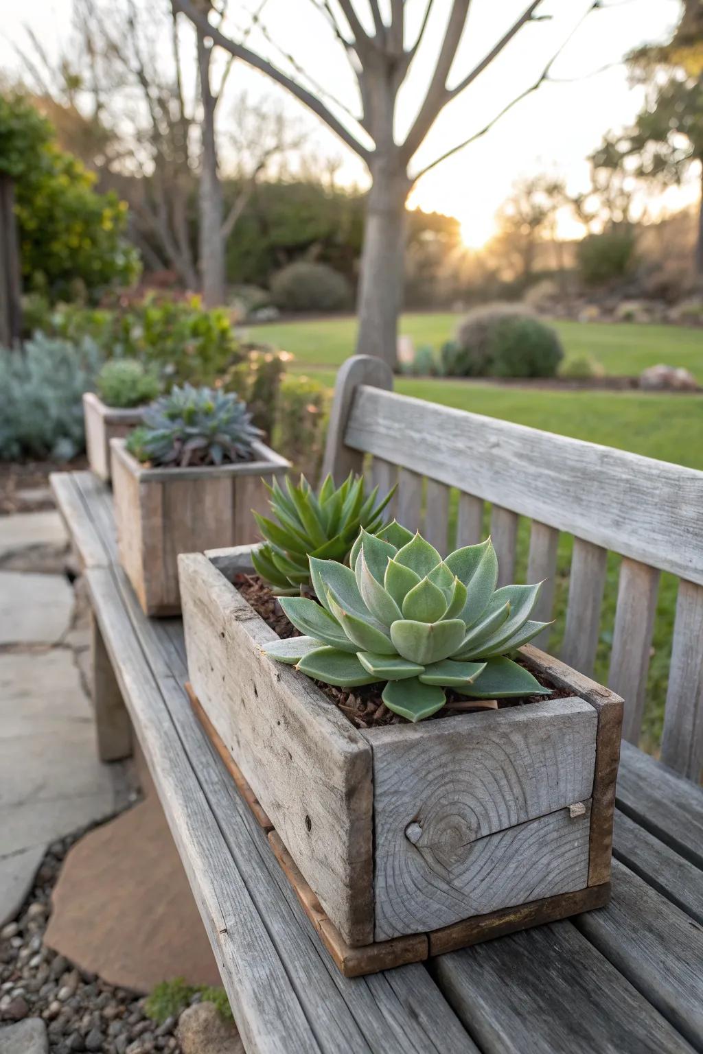 Rustic wooden planters add charm to succulent displays.