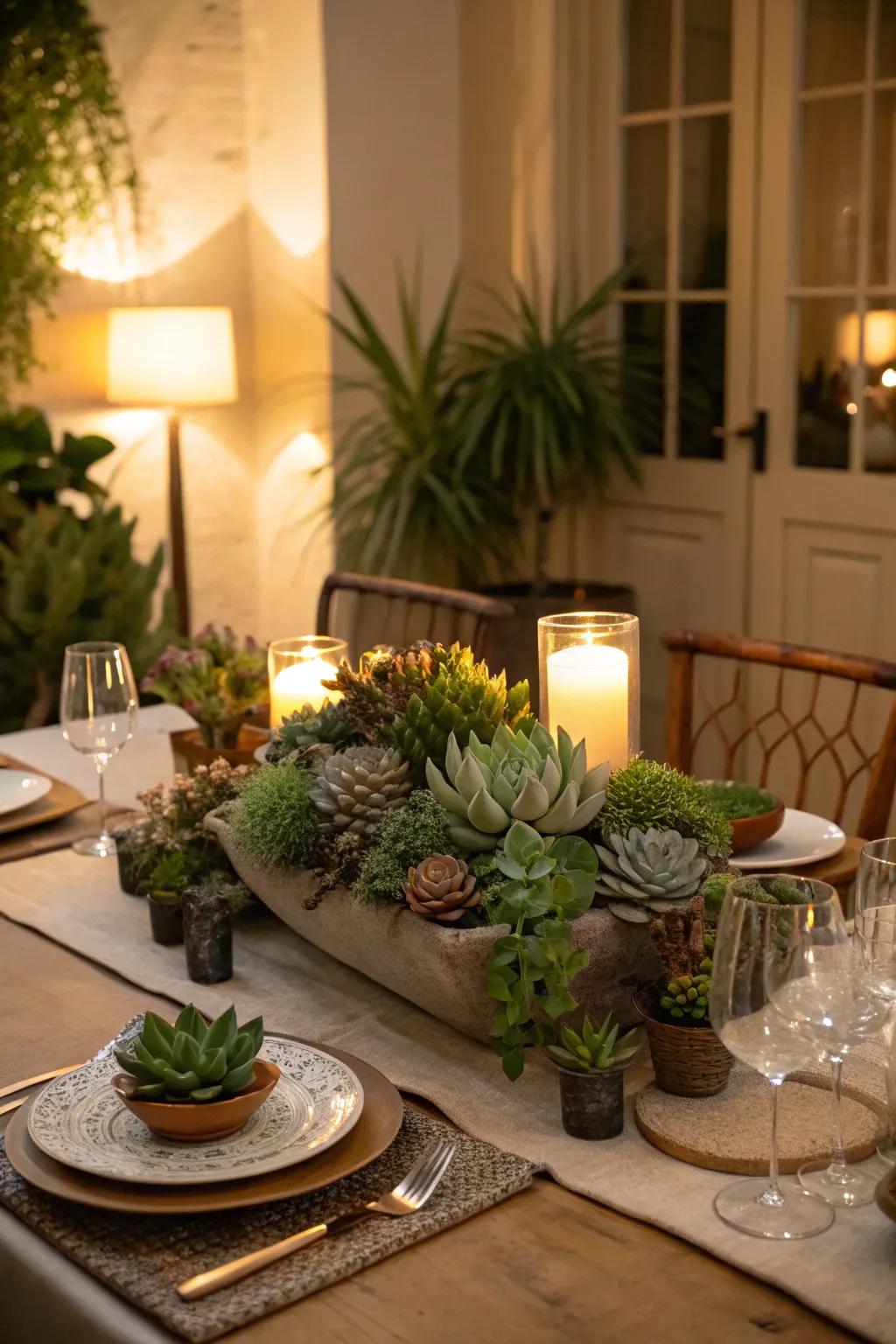 Succulent centerpieces add elegance to dining settings.