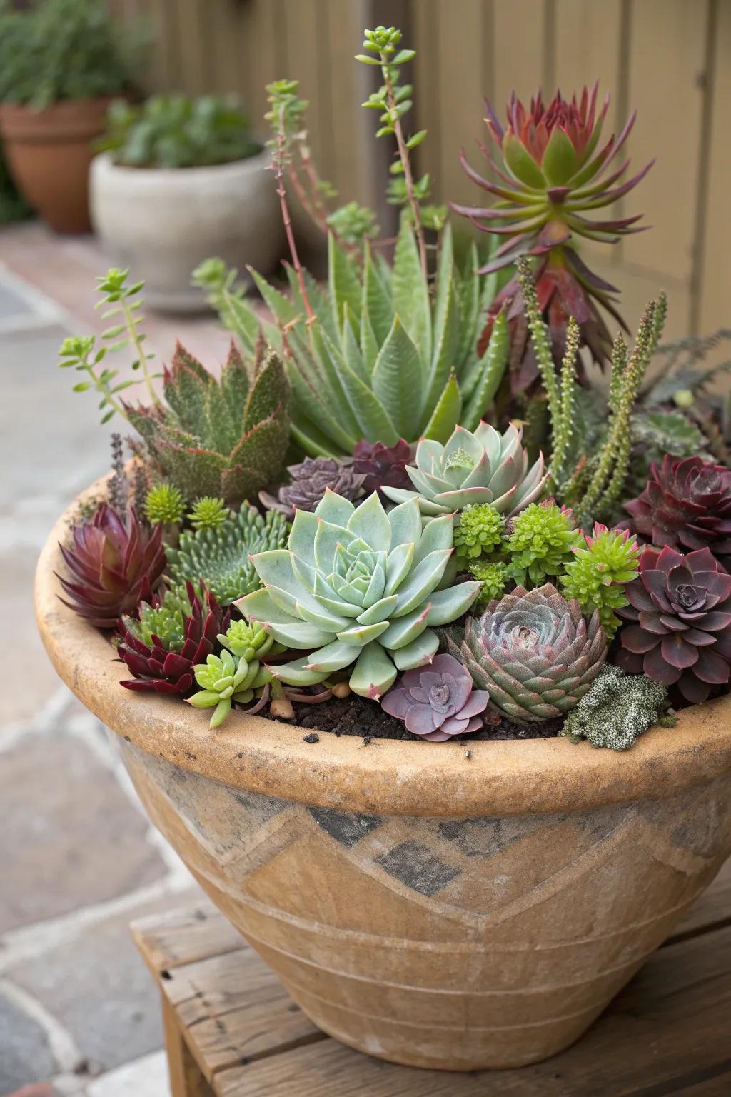 A diverse mix of succulents creates a living bouquet.