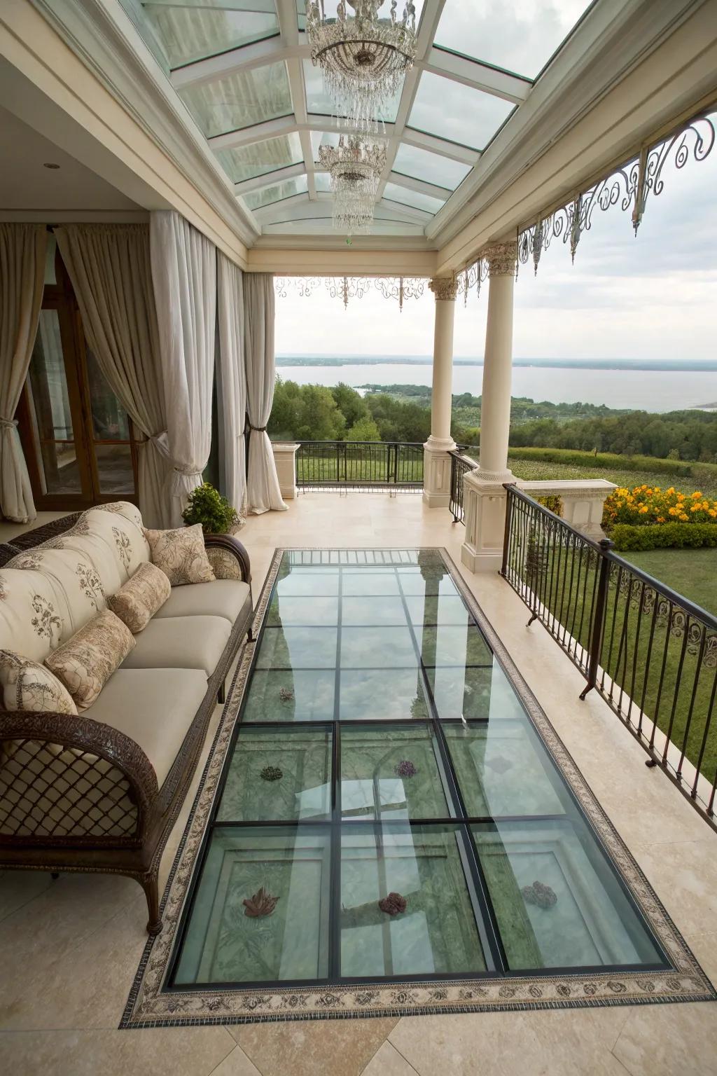 Glass floors offer a glamorous and modern touch.