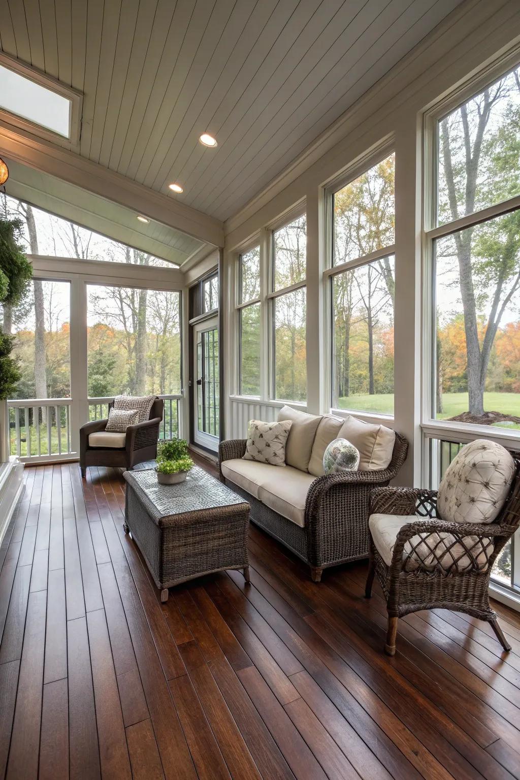 Hardwood floors add elegance and warmth to your porch.