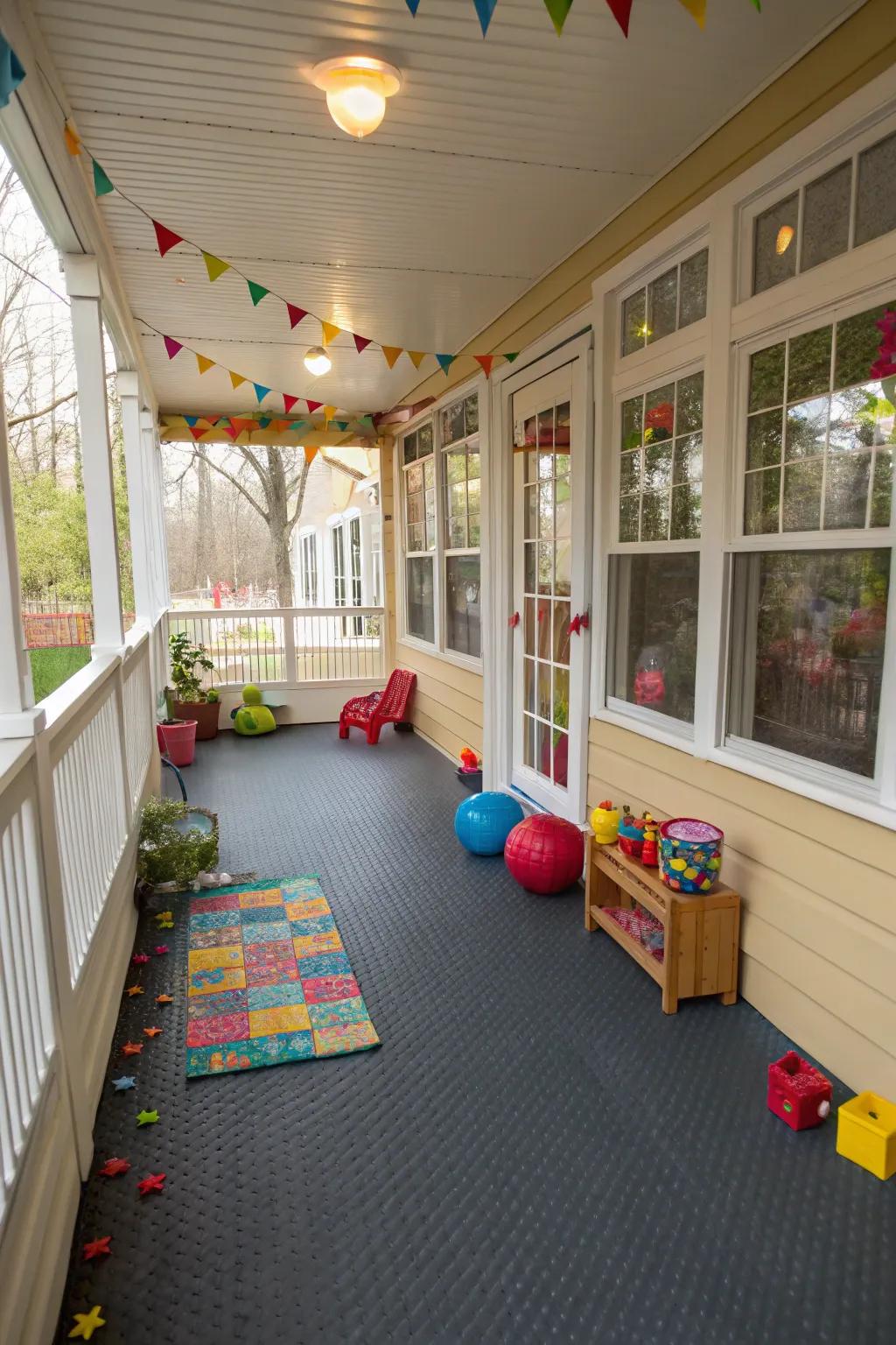 Rubber flooring is perfect for family-friendly porches.