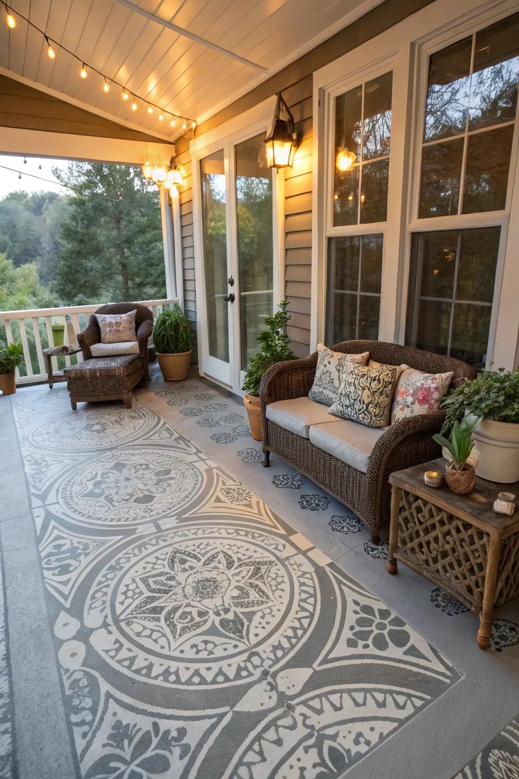 Stenciled concrete floors add charm and elegance.