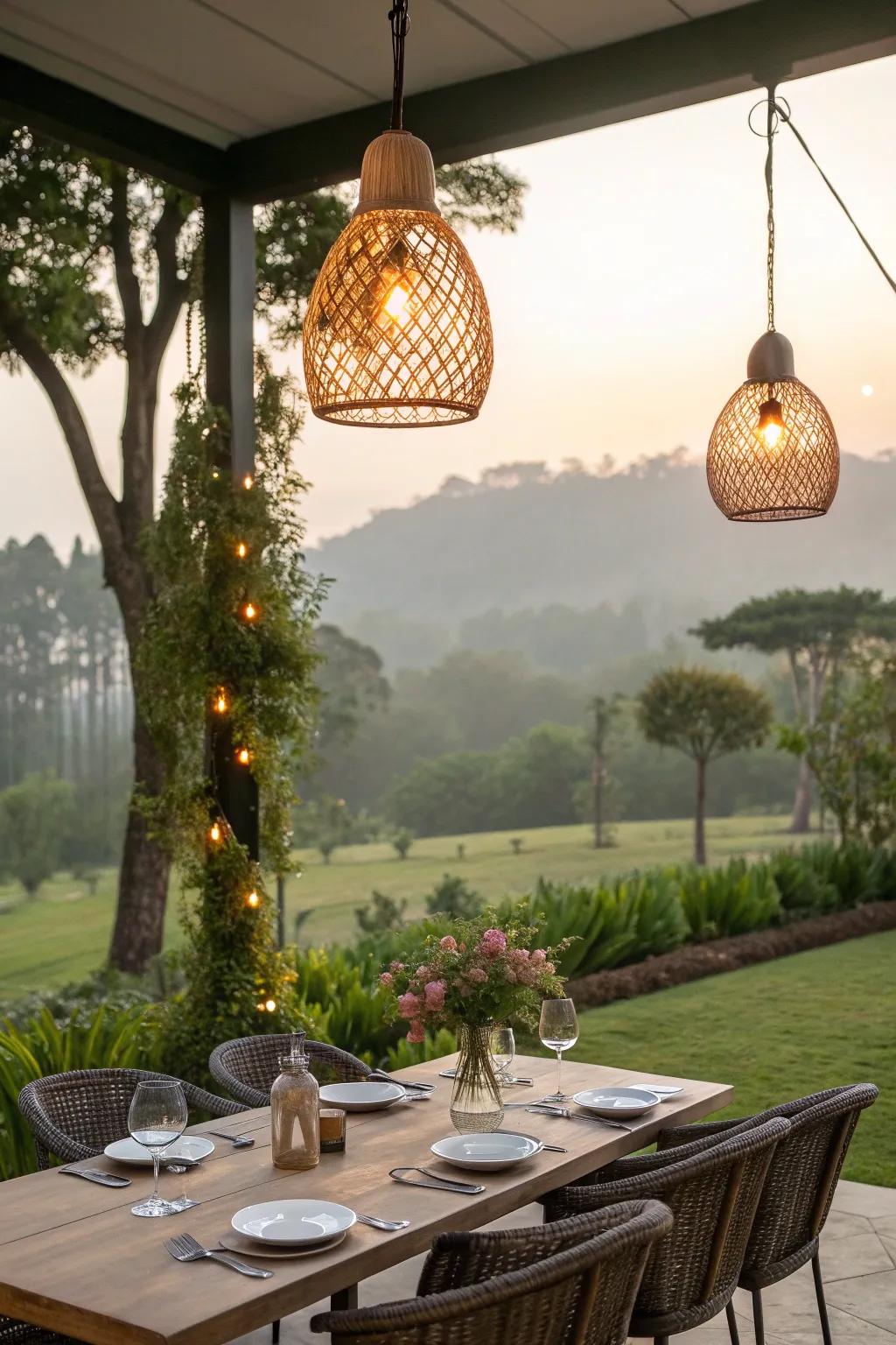 Pendant lights add indoor elegance to outdoor dining.